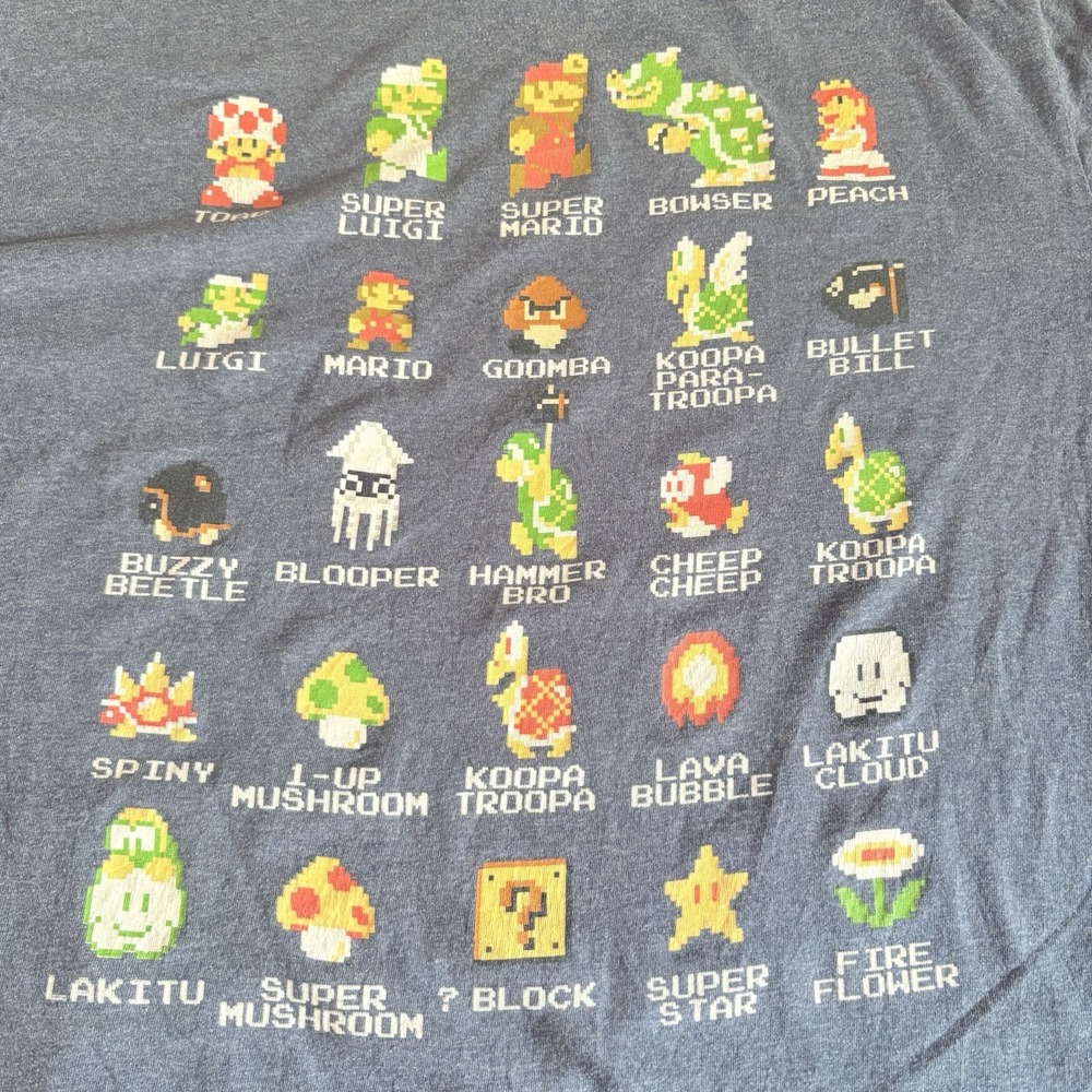 Super Mario Bros NES Retro Pixel Graphic T-Shirt Men's Large Blue‎ Gamer Tee